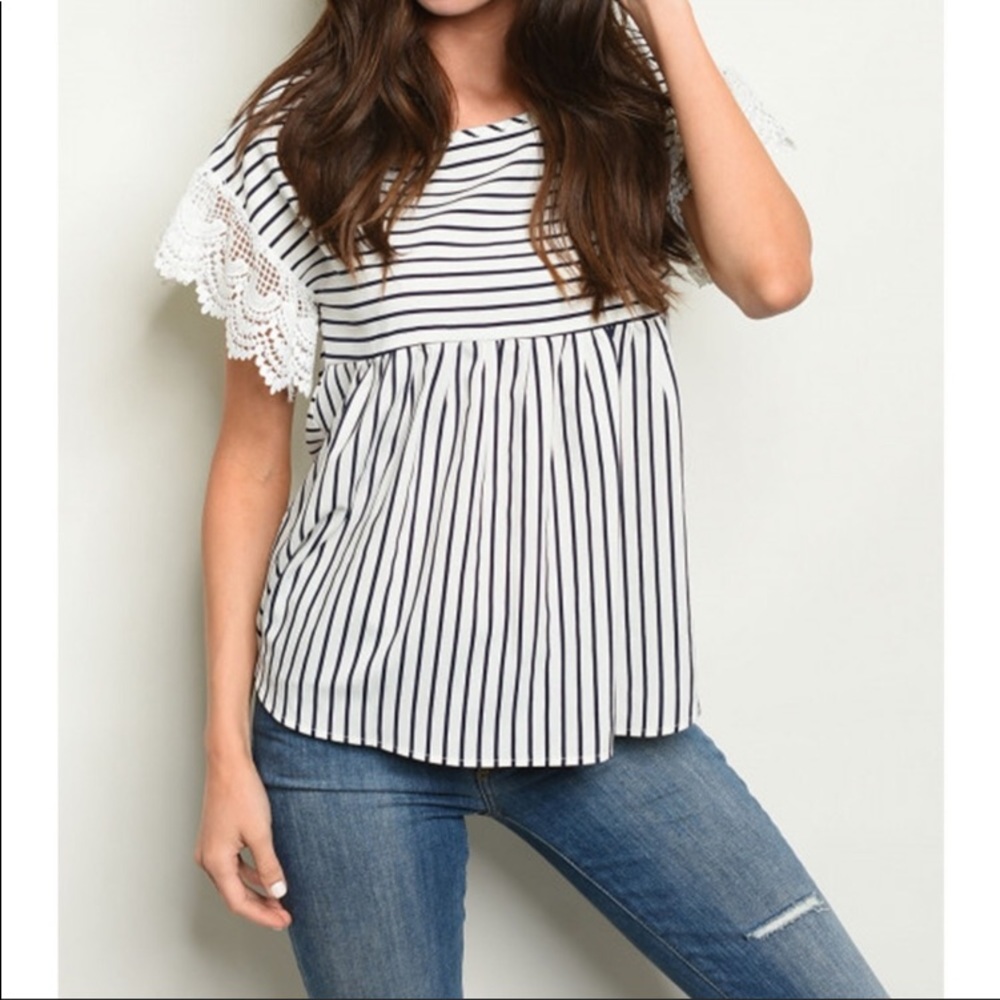 Navy Striped Crochet Trim Tunic Top 💙